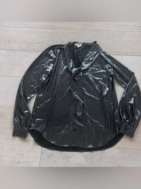 $375 L’Agence- Metallic Silver Longsleeve Gisele Necktie Blouse - Picture 3 of 7